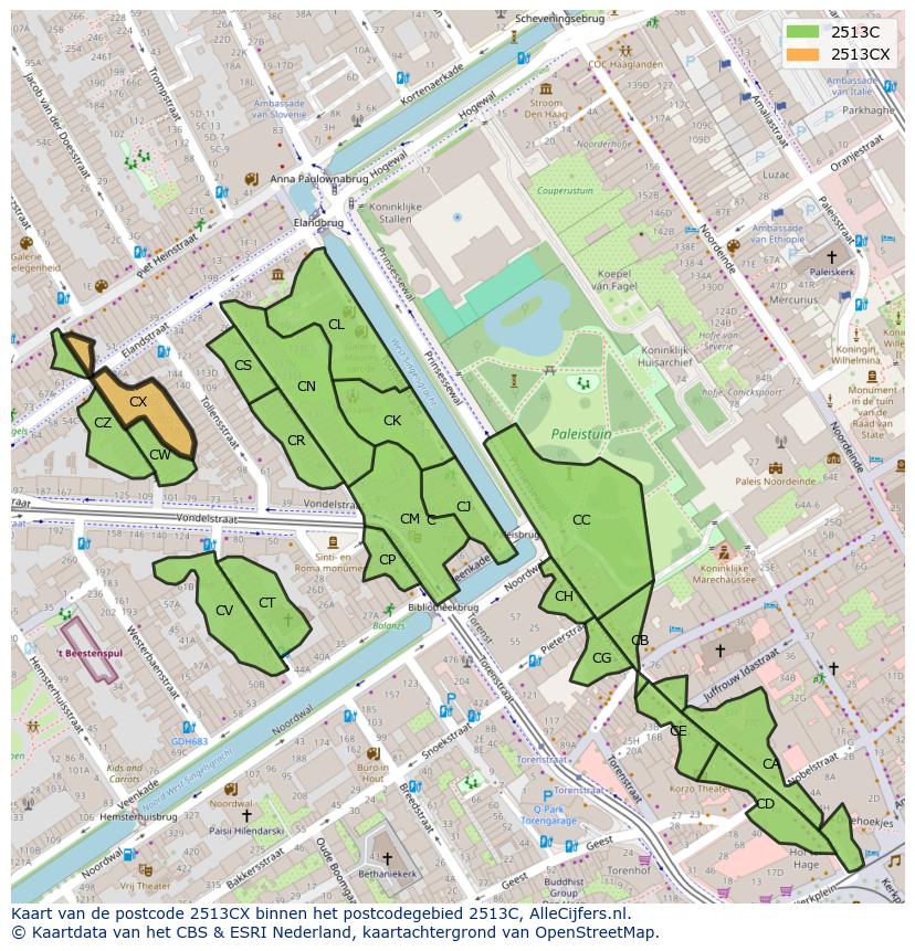 Afbeelding van het postcodegebied 2513 CX op de kaart.