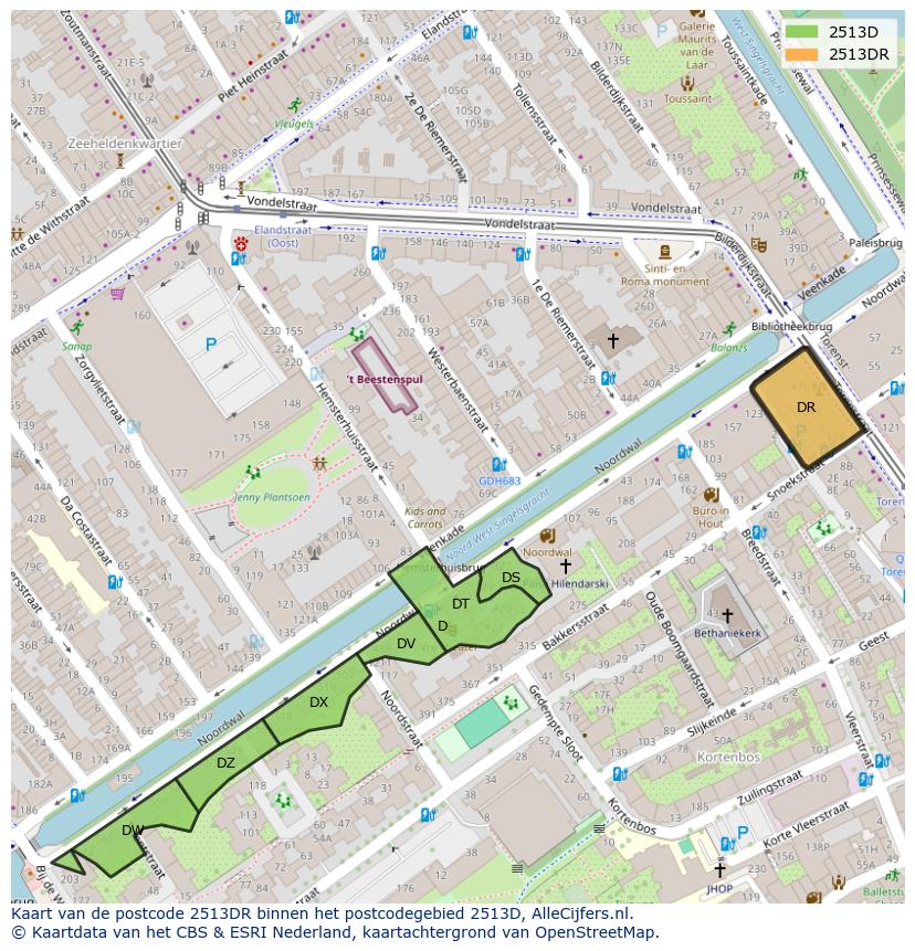 Afbeelding van het postcodegebied 2513 DR op de kaart.