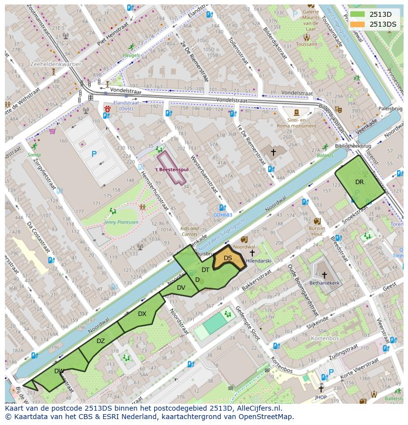 Afbeelding van het postcodegebied 2513 DS op de kaart.