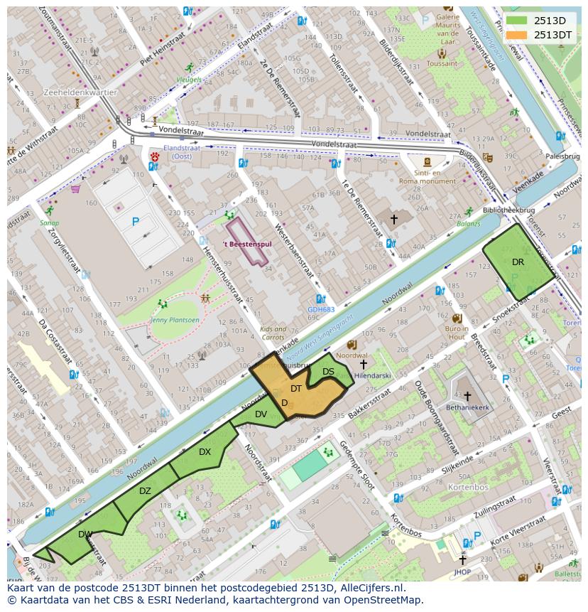 Afbeelding van het postcodegebied 2513 DT op de kaart.