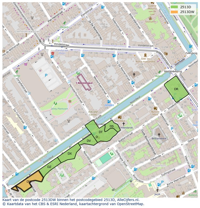 Afbeelding van het postcodegebied 2513 DW op de kaart.