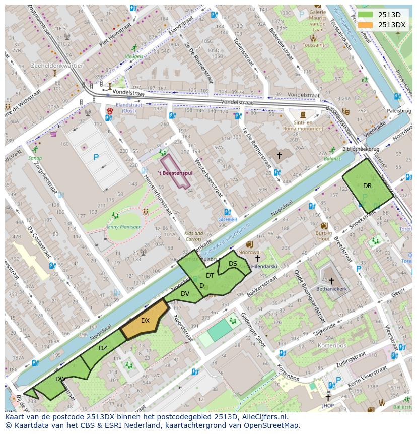 Afbeelding van het postcodegebied 2513 DX op de kaart.