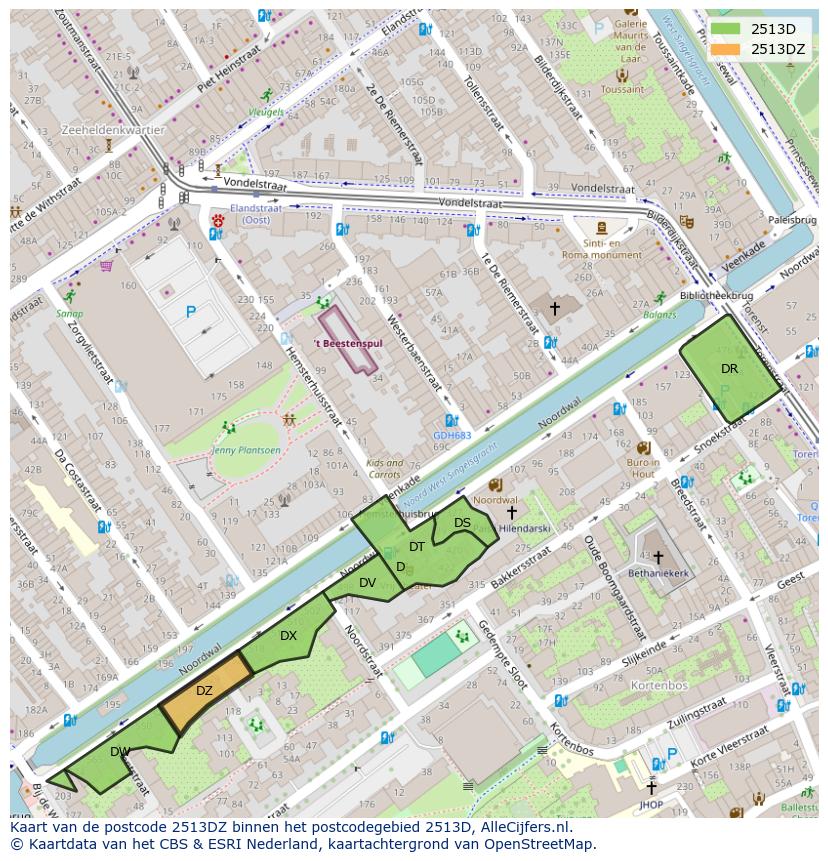 Afbeelding van het postcodegebied 2513 DZ op de kaart.