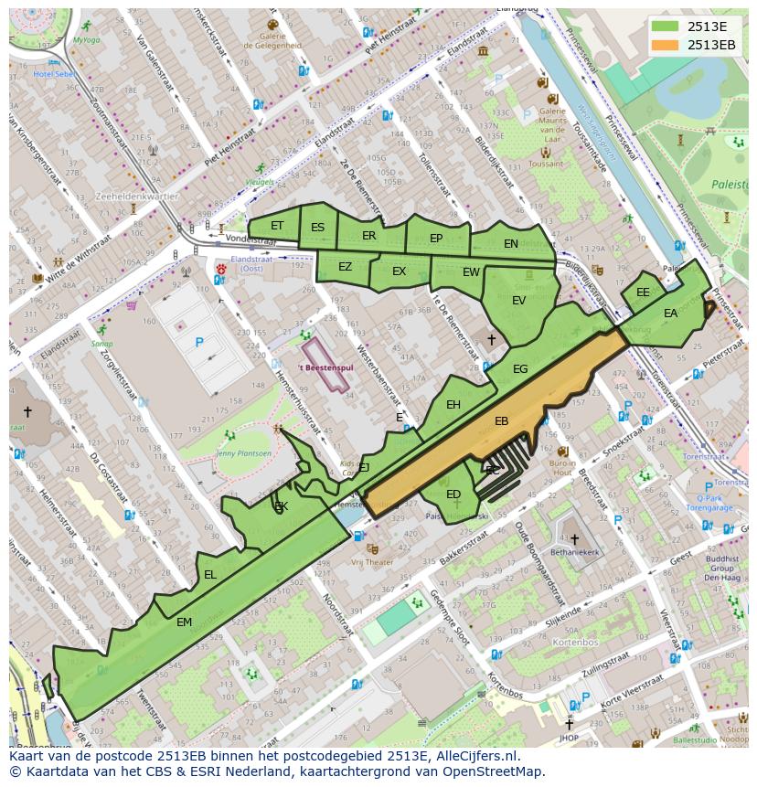 Afbeelding van het postcodegebied 2513 EB op de kaart.