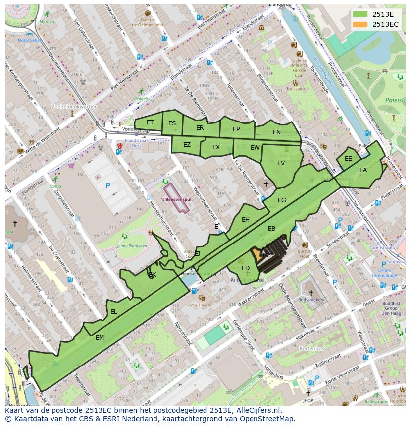 Afbeelding van het postcodegebied 2513 EC op de kaart.