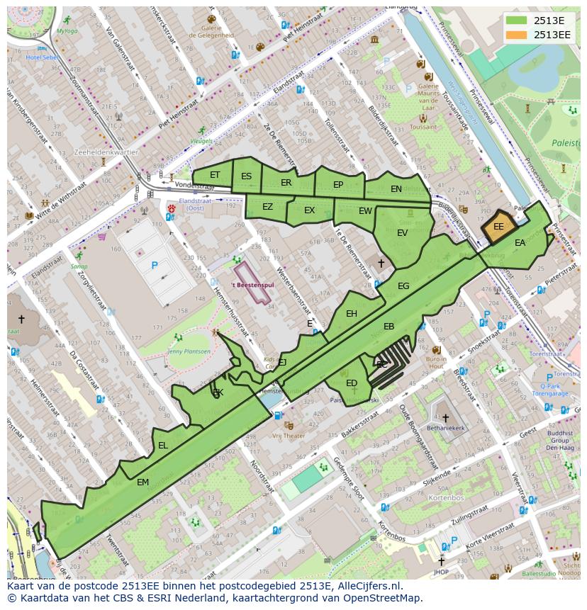 Afbeelding van het postcodegebied 2513 EE op de kaart.