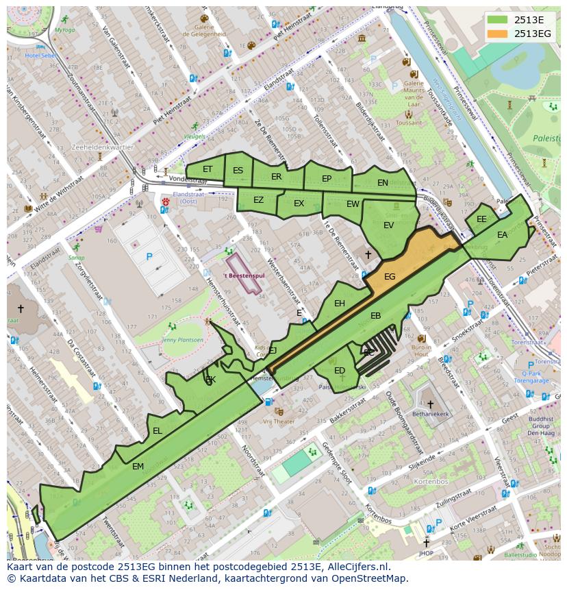 Afbeelding van het postcodegebied 2513 EG op de kaart.