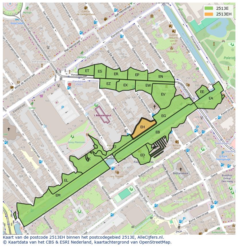 Afbeelding van het postcodegebied 2513 EH op de kaart.