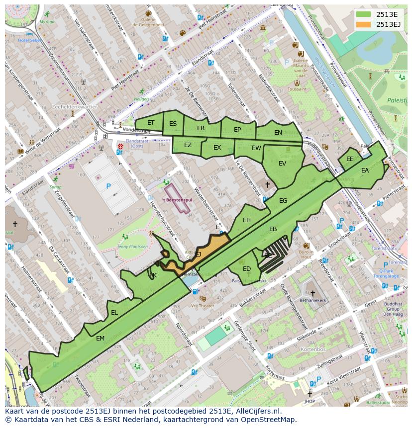 Afbeelding van het postcodegebied 2513 EJ op de kaart.