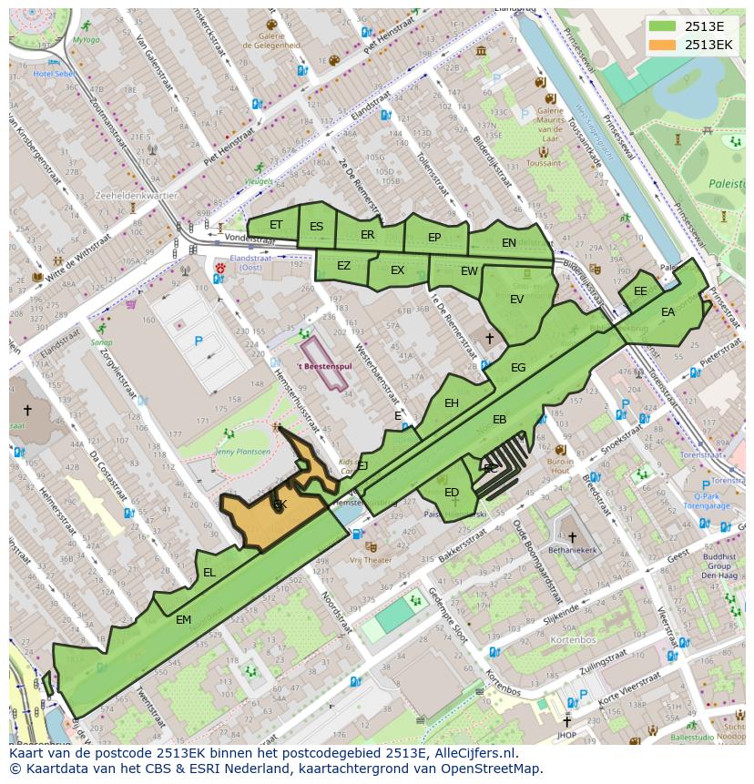 Afbeelding van het postcodegebied 2513 EK op de kaart.