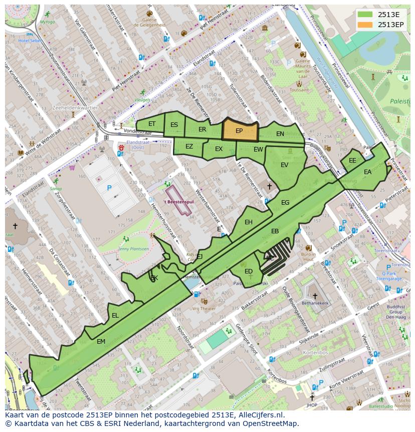 Afbeelding van het postcodegebied 2513 EP op de kaart.