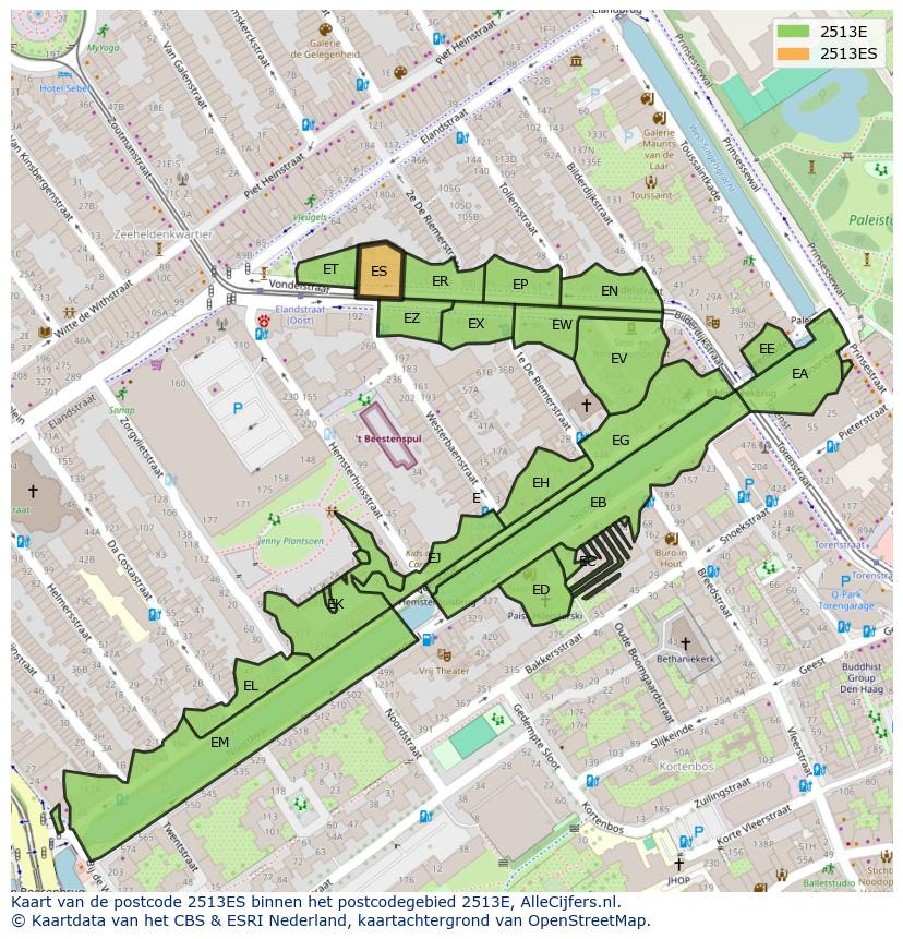 Afbeelding van het postcodegebied 2513 ES op de kaart.