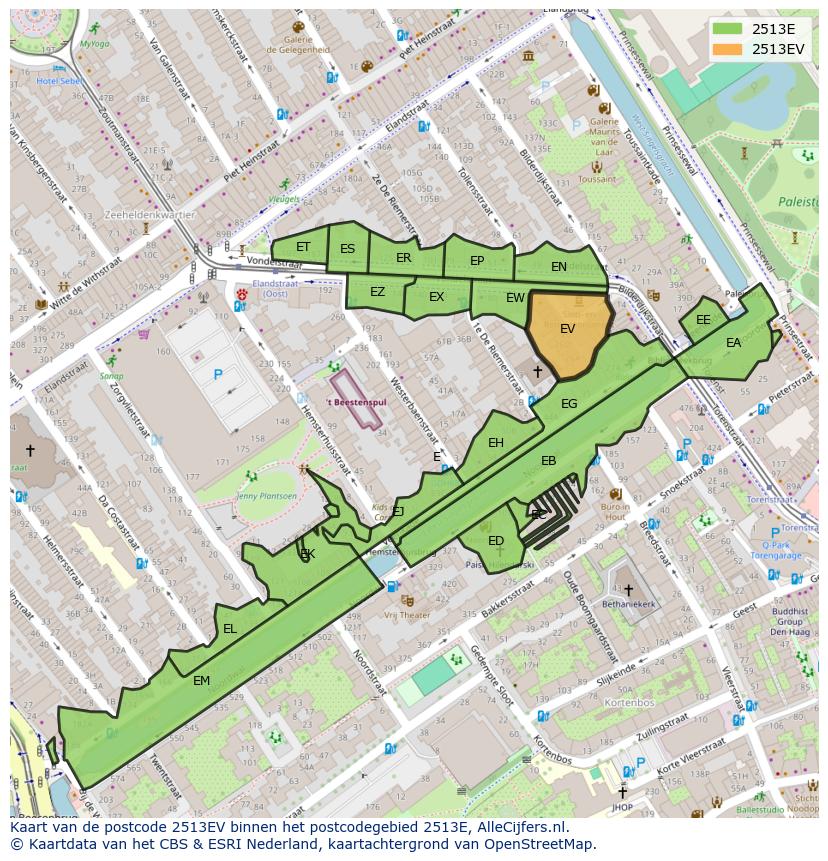 Afbeelding van het postcodegebied 2513 EV op de kaart.