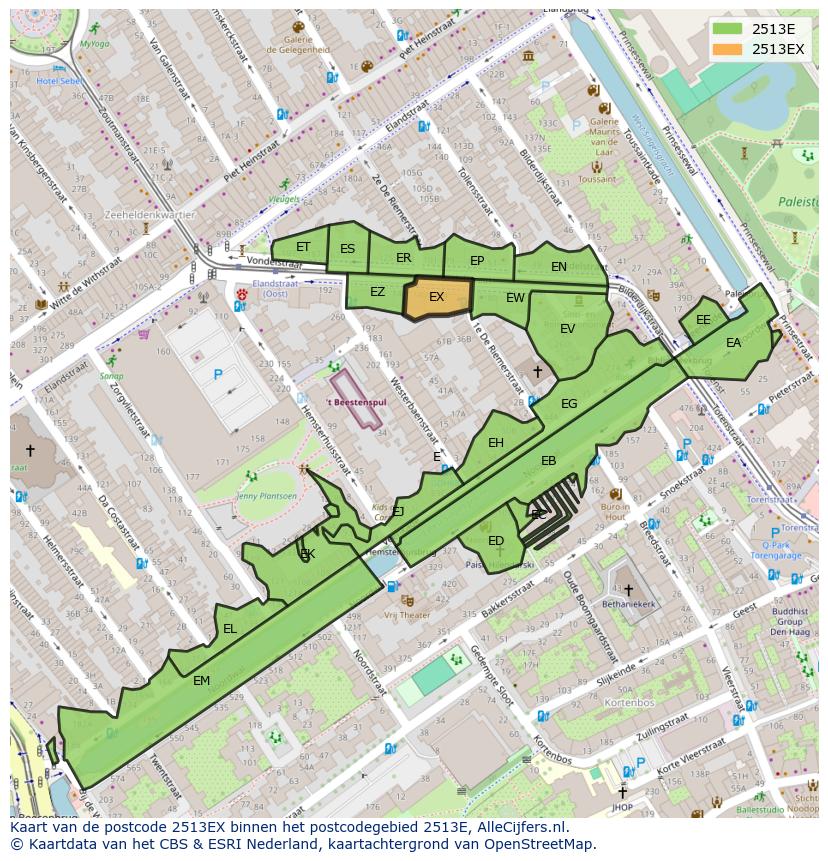 Afbeelding van het postcodegebied 2513 EX op de kaart.