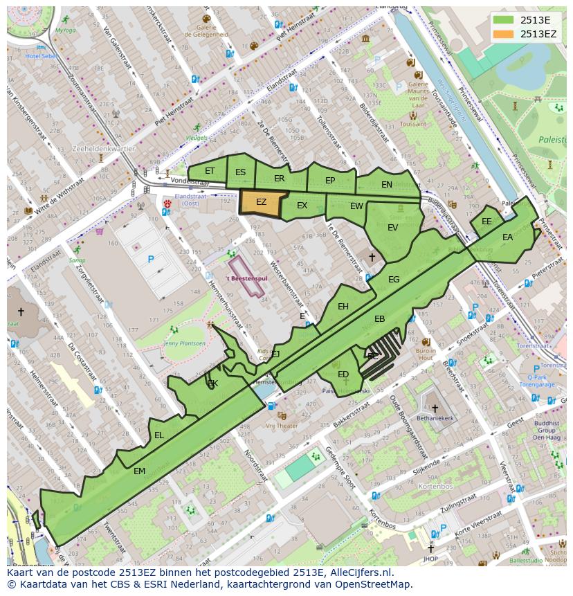 Afbeelding van het postcodegebied 2513 EZ op de kaart.