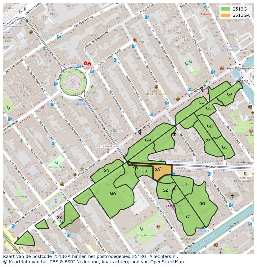 Afbeelding van het postcodegebied 2513 GA op de kaart.