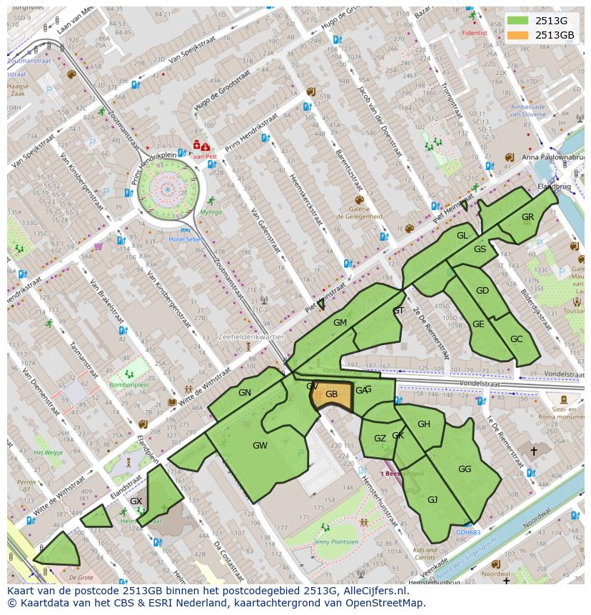 Afbeelding van het postcodegebied 2513 GB op de kaart.