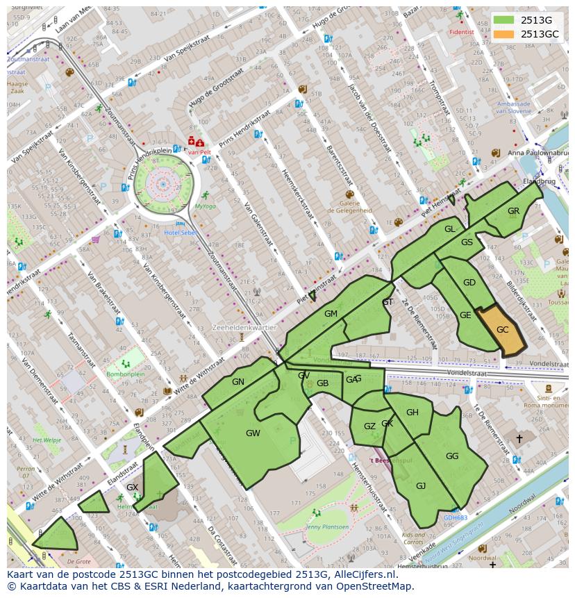 Afbeelding van het postcodegebied 2513 GC op de kaart.