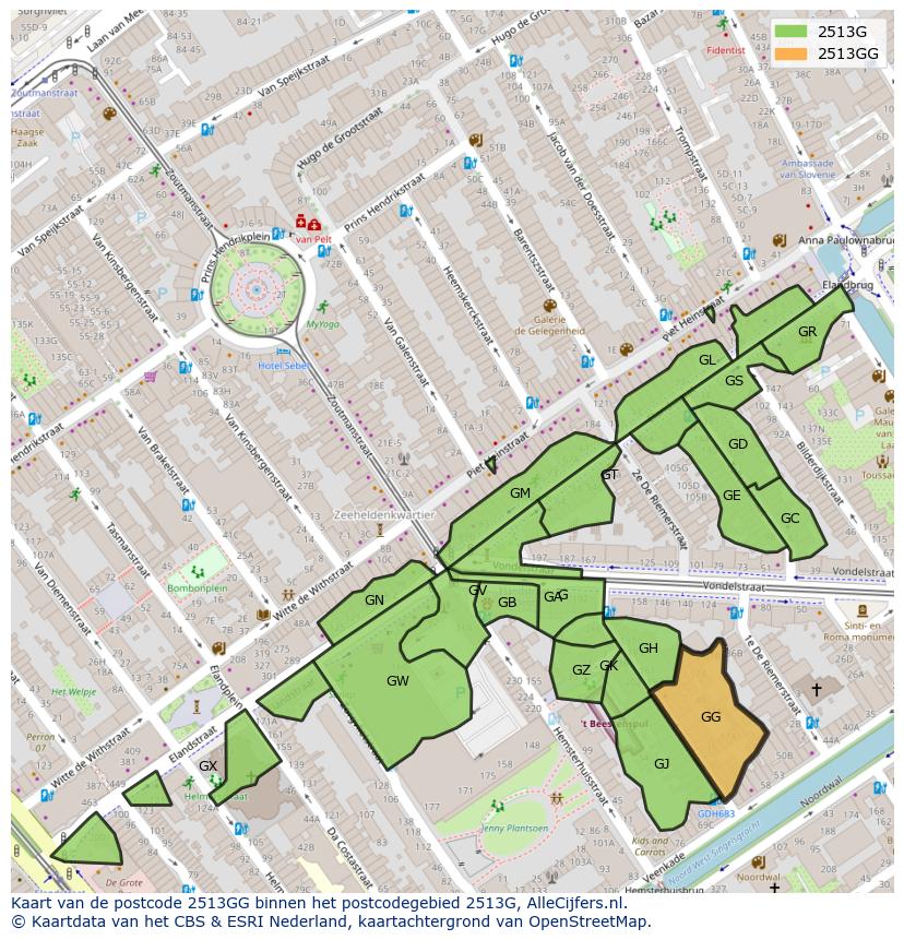 Afbeelding van het postcodegebied 2513 GG op de kaart.