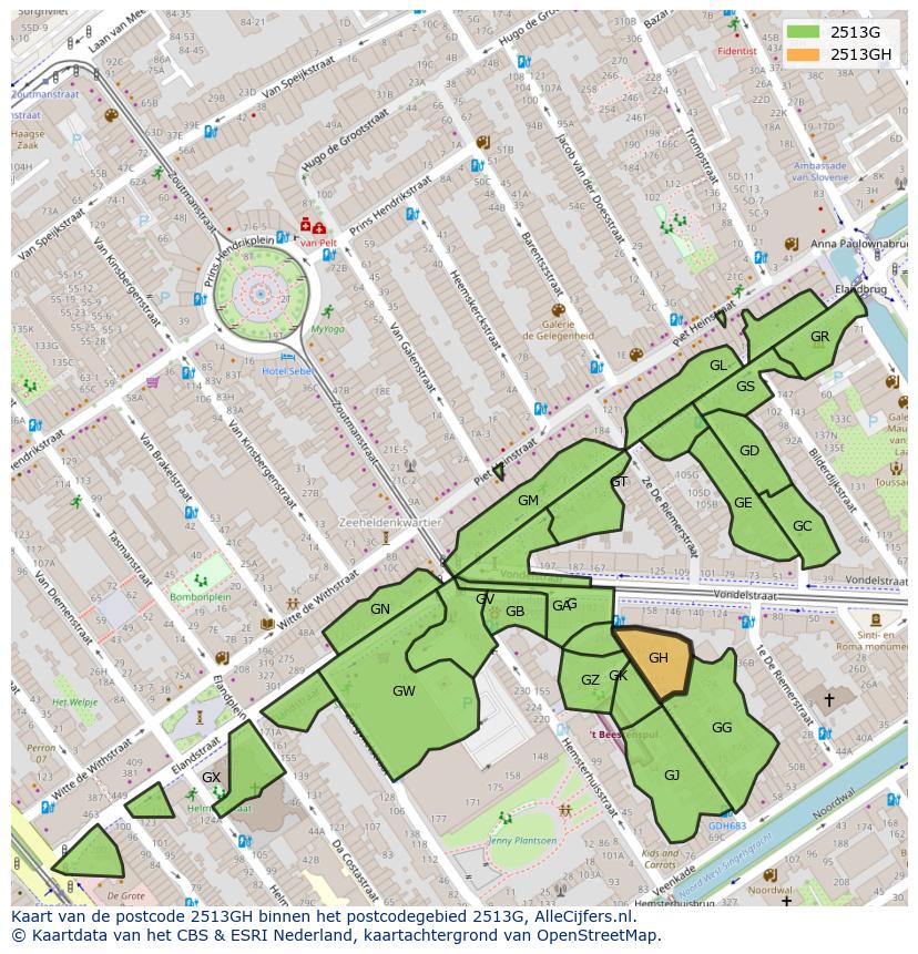 Afbeelding van het postcodegebied 2513 GH op de kaart.