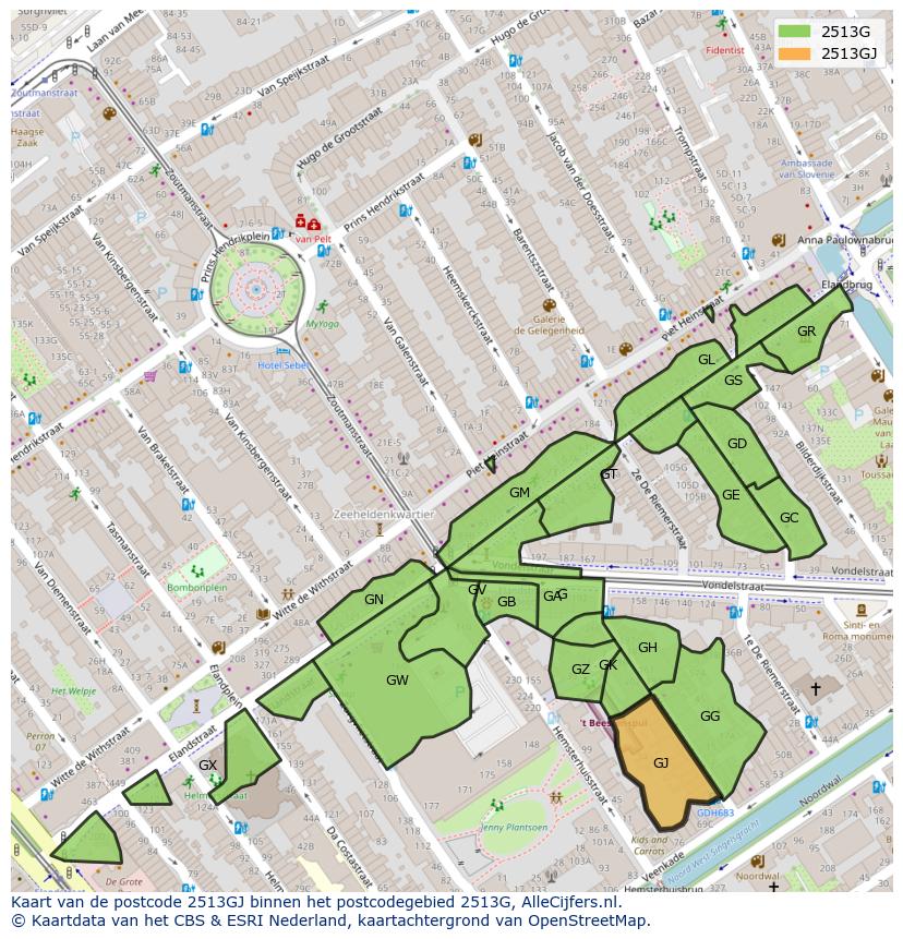 Afbeelding van het postcodegebied 2513 GJ op de kaart.