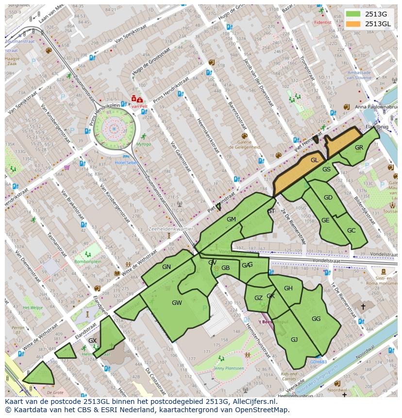 Afbeelding van het postcodegebied 2513 GL op de kaart.