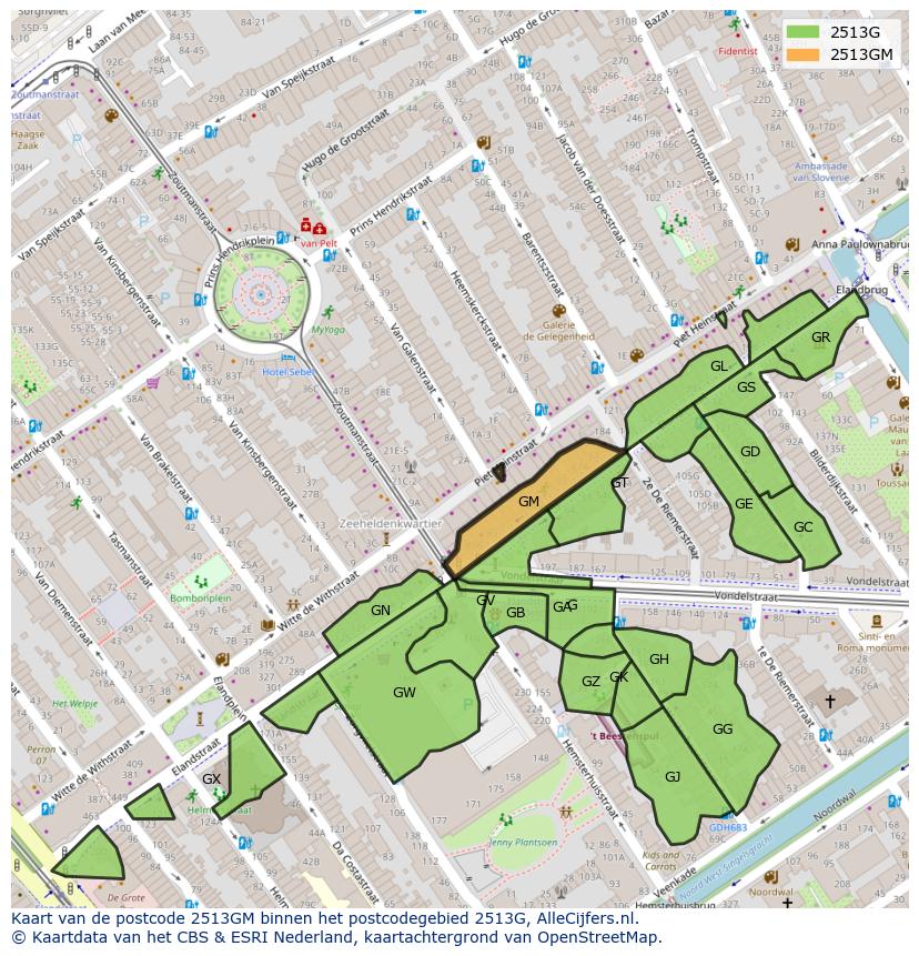 Afbeelding van het postcodegebied 2513 GM op de kaart.