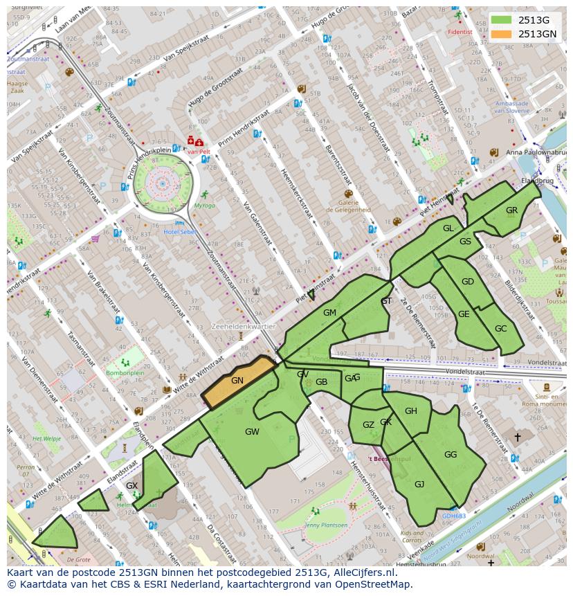 Afbeelding van het postcodegebied 2513 GN op de kaart.