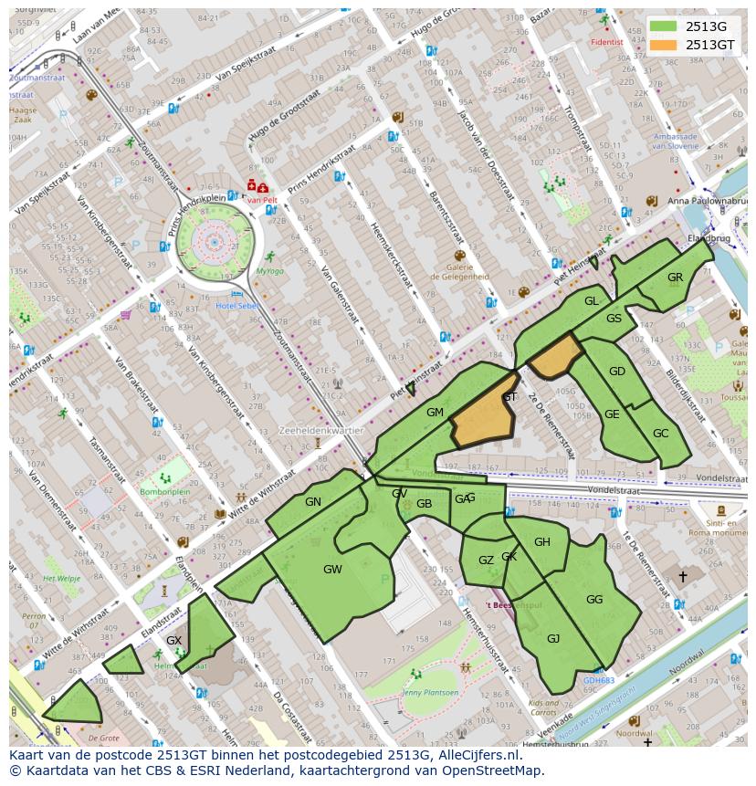 Afbeelding van het postcodegebied 2513 GT op de kaart.