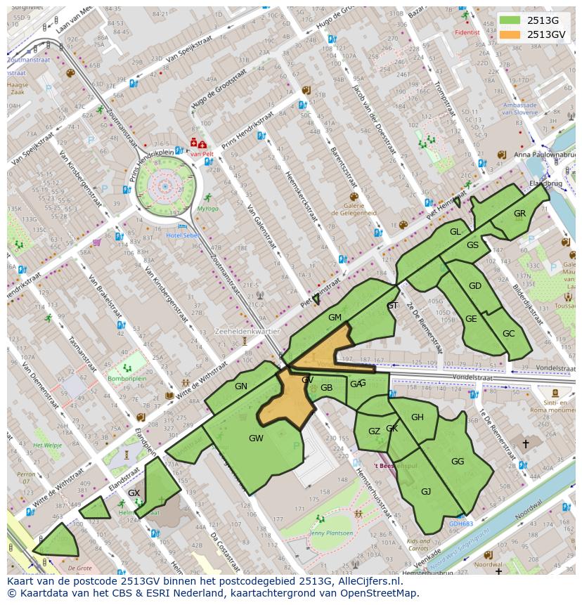 Afbeelding van het postcodegebied 2513 GV op de kaart.