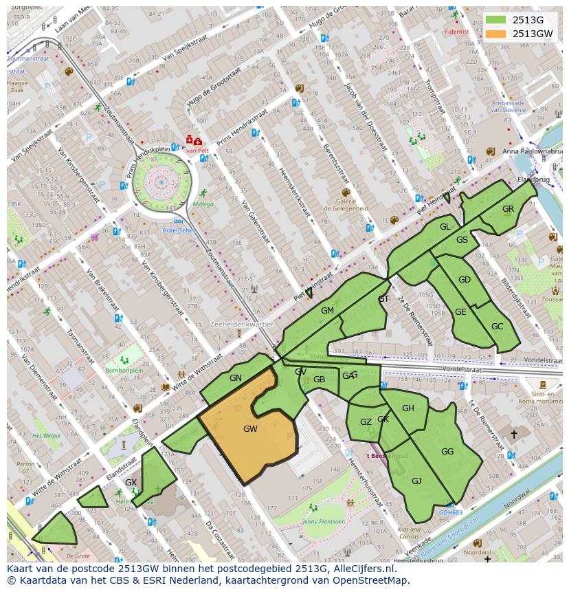 Afbeelding van het postcodegebied 2513 GW op de kaart.
