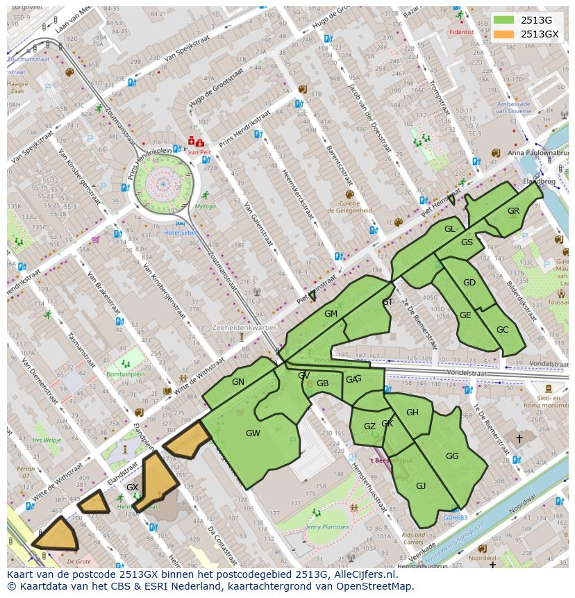 Afbeelding van het postcodegebied 2513 GX op de kaart.