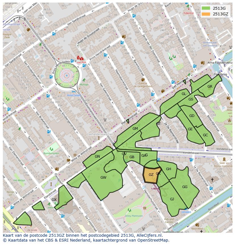 Afbeelding van het postcodegebied 2513 GZ op de kaart.