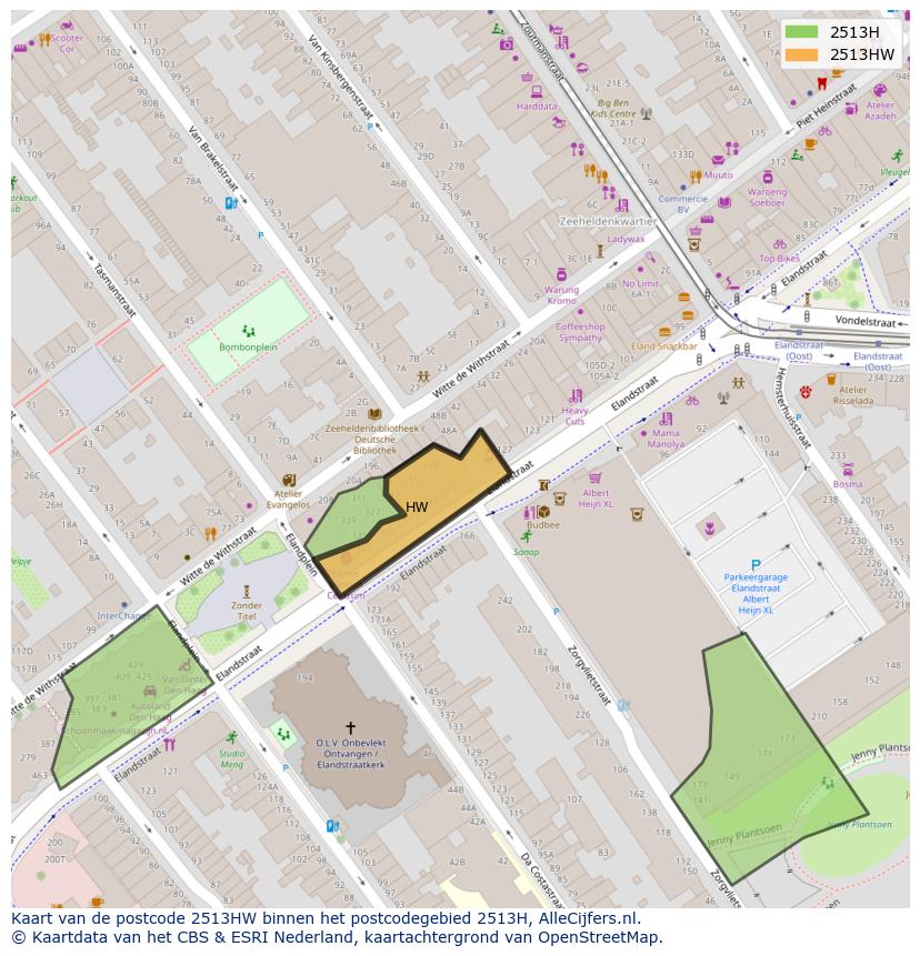 Afbeelding van het postcodegebied 2513 HW op de kaart.