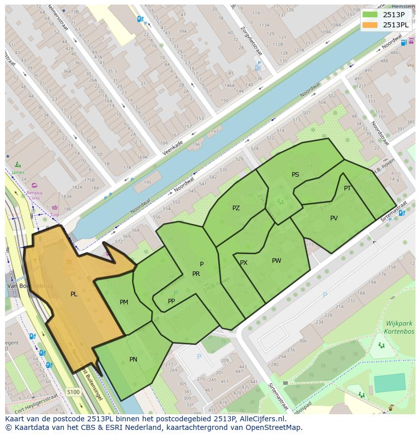 Afbeelding van het postcodegebied 2513 PL op de kaart.
