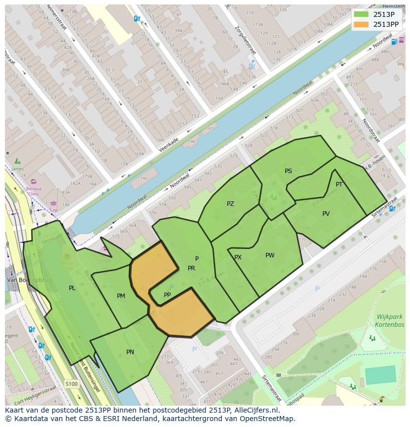 Afbeelding van het postcodegebied 2513 PP op de kaart.