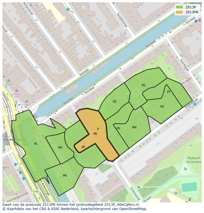 Afbeelding van het postcodegebied 2513 PR op de kaart.