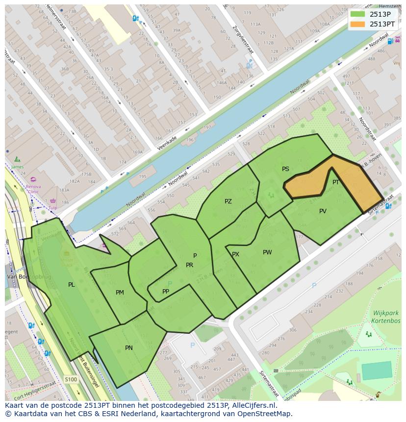 Afbeelding van het postcodegebied 2513 PT op de kaart.