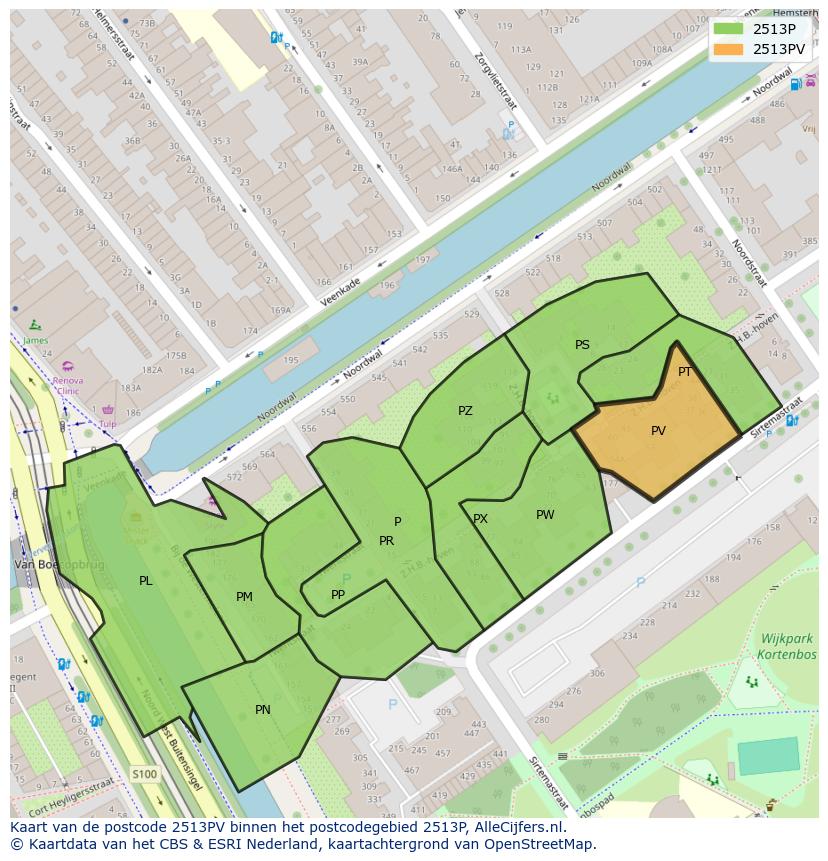 Afbeelding van het postcodegebied 2513 PV op de kaart.