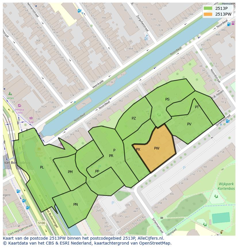Afbeelding van het postcodegebied 2513 PW op de kaart.