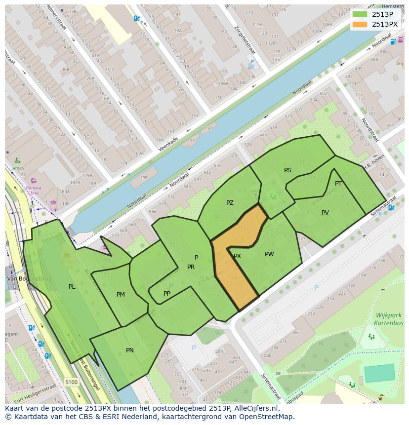 Afbeelding van het postcodegebied 2513 PX op de kaart.