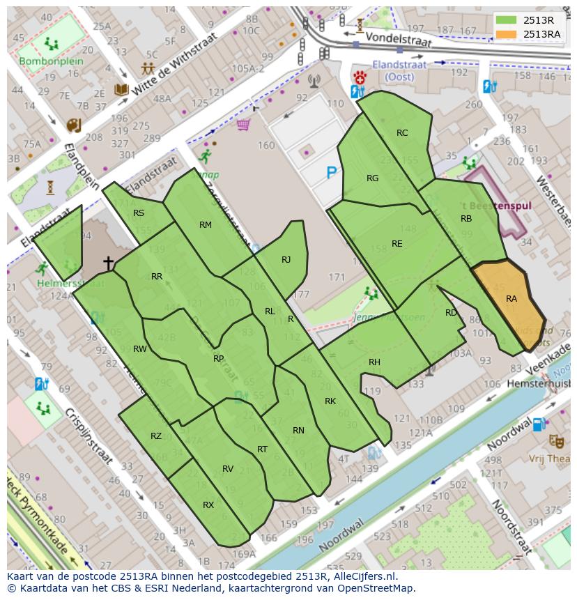 Afbeelding van het postcodegebied 2513 RA op de kaart.