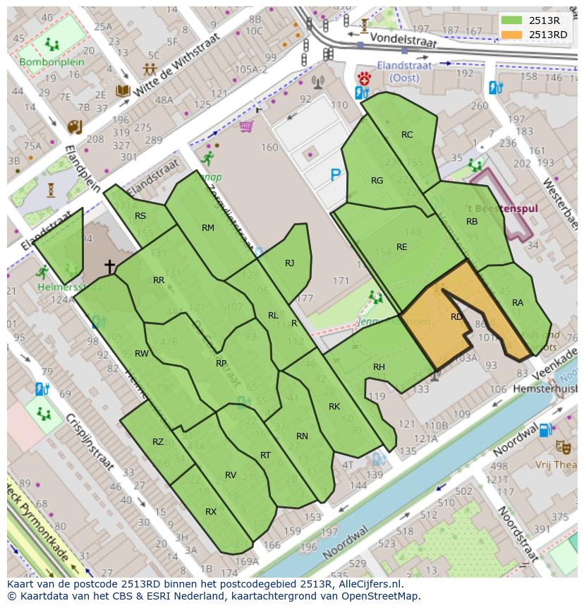 Afbeelding van het postcodegebied 2513 RD op de kaart.