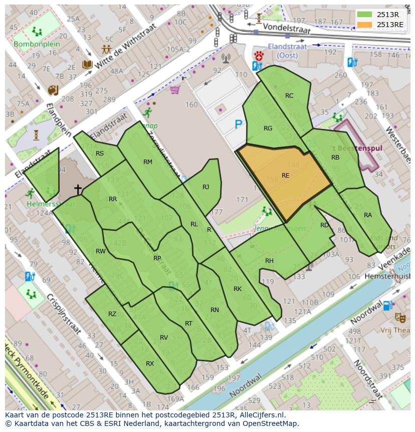 Afbeelding van het postcodegebied 2513 RE op de kaart.
