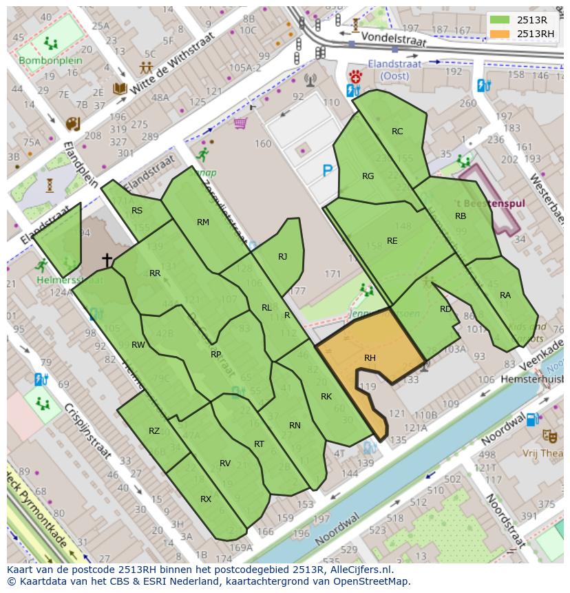 Afbeelding van het postcodegebied 2513 RH op de kaart.