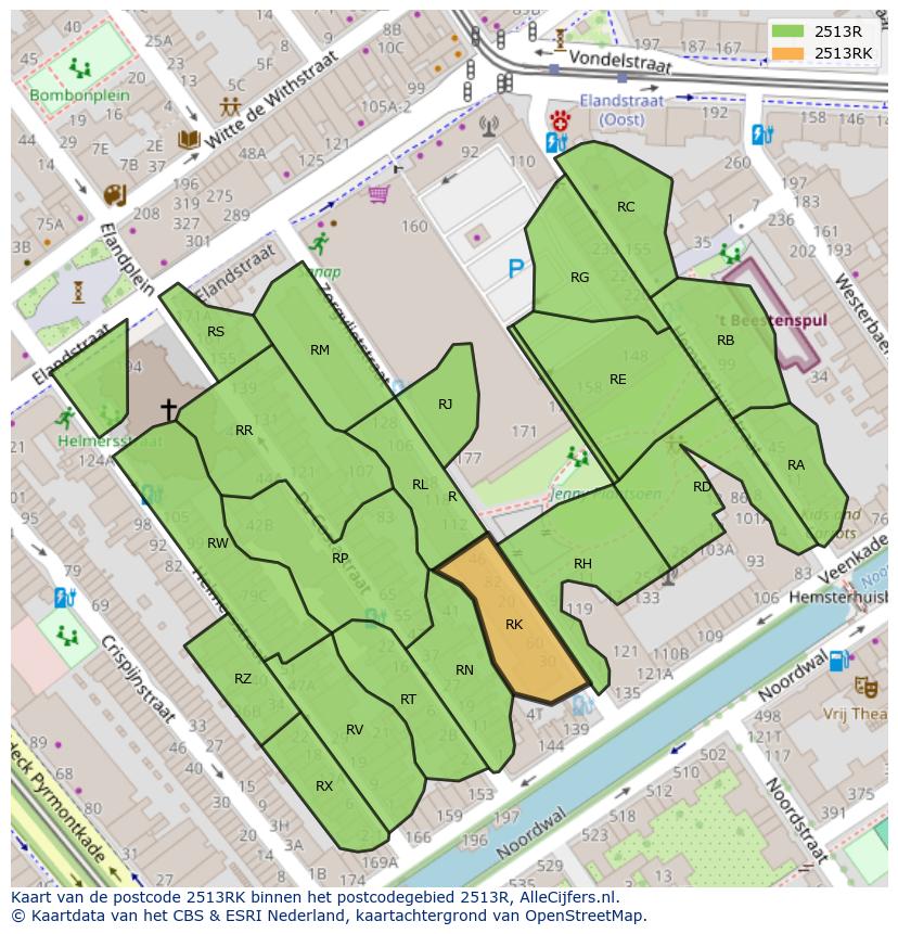 Afbeelding van het postcodegebied 2513 RK op de kaart.