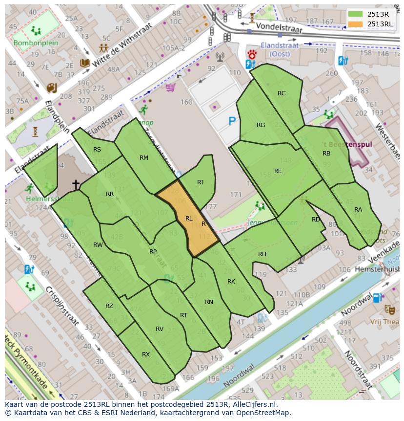 Afbeelding van het postcodegebied 2513 RL op de kaart.