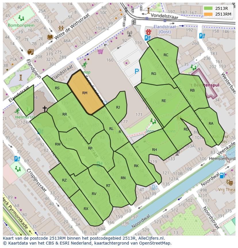 Afbeelding van het postcodegebied 2513 RM op de kaart.