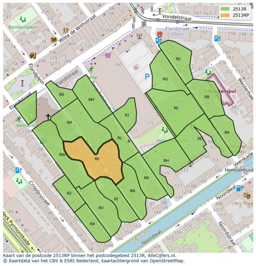 Afbeelding van het postcodegebied 2513 RP op de kaart.