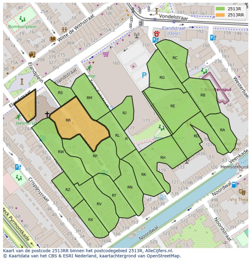 Afbeelding van het postcodegebied 2513 RR op de kaart.